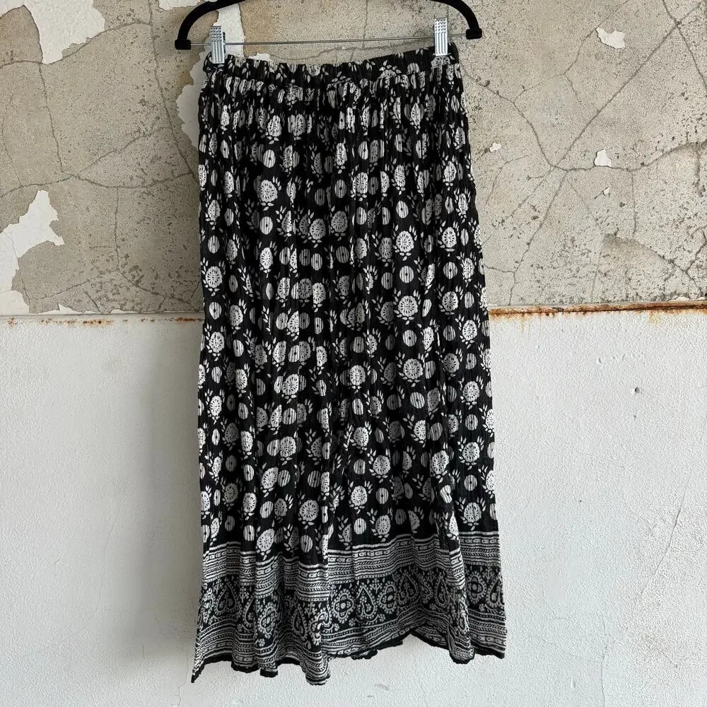 Vtg Midi Skirt Crinkle Cotton Black White‎ Block Print Bohemian Cottagecore OS